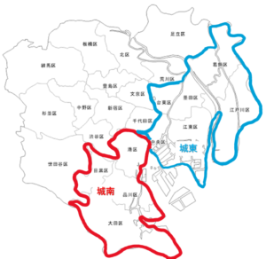 城南地区と城東地区の場所（地図）