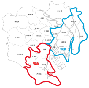 城西地区と城東地区の場所（地図）